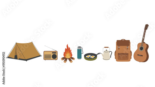 A minimalist flat illustration showcasing essential camping gear including a tent, radio, campfire, cooking pan with eggs, thermos, backpack, and a guitar, perfect for outdoor adventures and travel