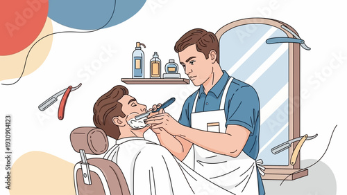 Barber shaving client with straight razor in barbershop
