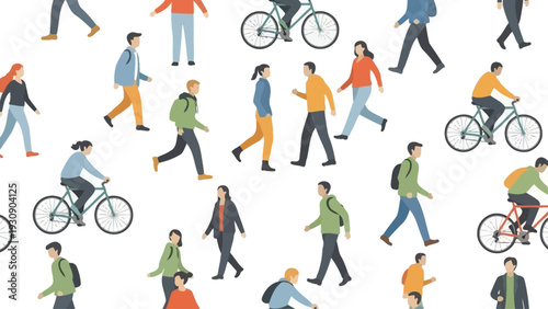 Diverse people walking and cycling in an urban environment.