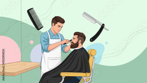 Barber trimming a man's beard in a modern barbershop setting.