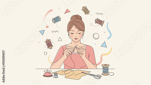 Woman sewing with thread and needle