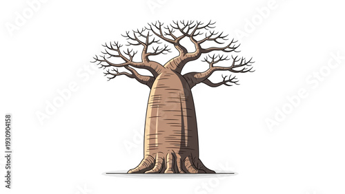 Illustration of a bare baobab tree with a thick trunk and spreading branches.