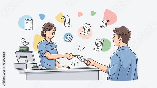 Female cashier handing a shopping receipt to a male customer at the checkout counter.