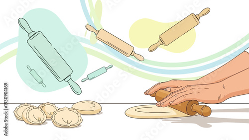 Hands rolling dough with rolling pins and dumplings