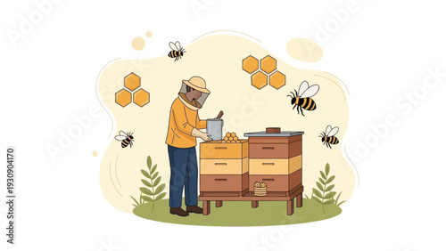 Beekeeper collecting honey from beehives with bees and honeycomb