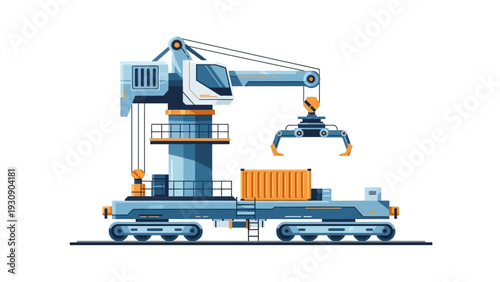 Industrial crane loading a cargo container.