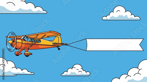 Cartoon Airplane Flying with Blank Banner in Blue Sky