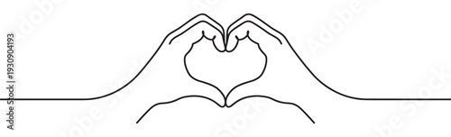 Human hands forming heart shape gesture with fingers and thumbs, representing love, care, and affection in a minimalist line art illustration.