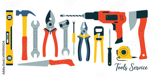 A detailed flat minimalist illustration showcasing a complete set of essential hand and power tools, ideal for a wide range of repair, construction, and do-it-yourself projects
