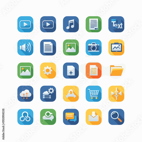 Collection of modern flat style icons representing various digital files, web services, and applications with long shadows.