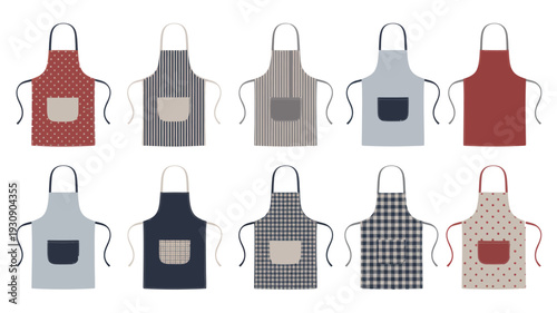 A neatly arranged, flat-lay minimalist collection of ten diverse kitchen aprons, showcasing an array of vibrant colors and appealing patterns, perfect for home cooking and baking tasks