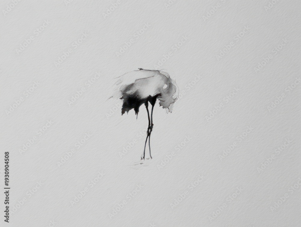 Fototapeta premium Black and white minimalist painting of a crane with head tucked down. Simple elegance