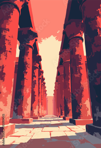 massive stone pillars Karnak Temple perspective makes them look like endless forest towering industrial cylinders Red, black, offwhite No text