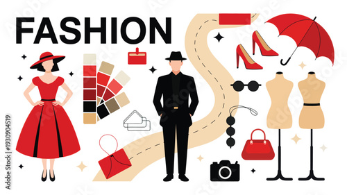 Flat minimalist illustration of fashion, featuring elegant men's and women's clothing, stylish accessories, and design elements, for modern style and shopping inspiration