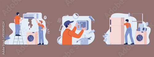 Two Technicians Repairing Appliances in a Home Setting maintenance