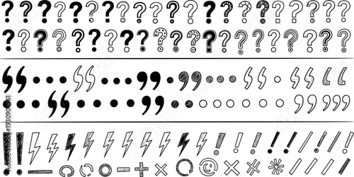 Hand Drawn Punctuation and Symbol Icon Set with Question Marks Exclamation Points Quotes and Decorative Typographic Elements for Comics Posters and Creative Designs