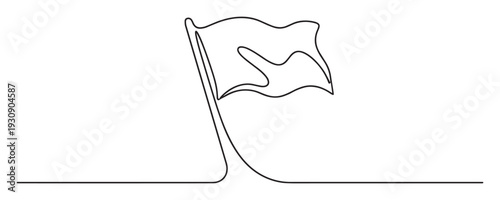 Continuous line drawing flag waving in the wind, a minimalist illustration symbolizing success, achievement, and the pursuit of goals.