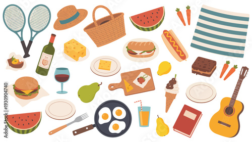 A delightful flat lay illustration showcasing summer picnic essentials, including food, drinks, and recreational items perfect for outdoor leisure and enjoyment
