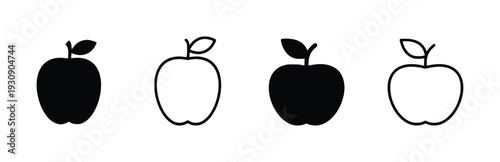 Apple icons set solid and outline fruit symbols.