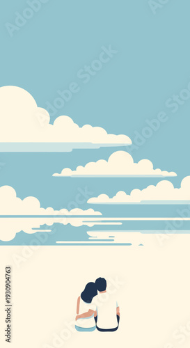 Serene Coastal Embrace Under Vast Expansive Skies A Moment Shared