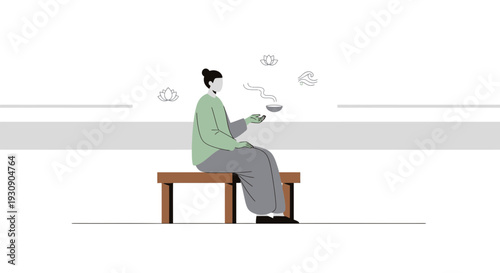 Serene Contemplation Minimalist Illustration Person Meditating With A Bowl