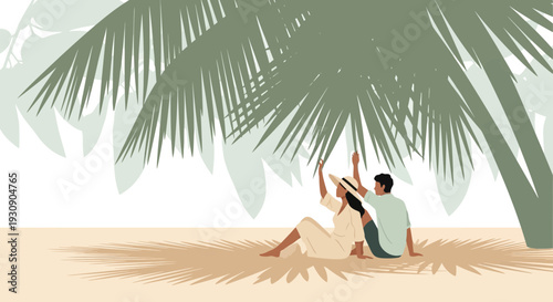 Serene Couple Relaxing Under Palm Shade On Sandy Beach Vacation
