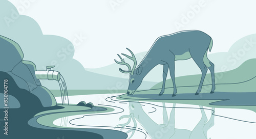 Serene Deer Drinks From Water Flowing From Rock