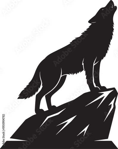 Black silhouette of a wolf howling on a jagged rock formation against a white background also transparent background