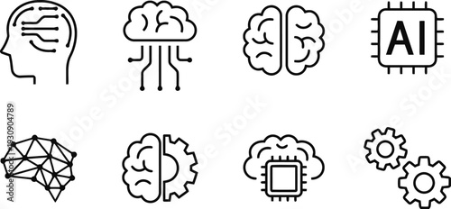 Artificial intelligence icons set with human brain and computer chip technology elements for data science