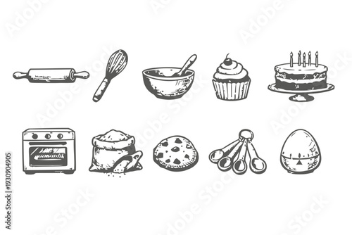 Baking and cooking icons including oven, ingredients and cake