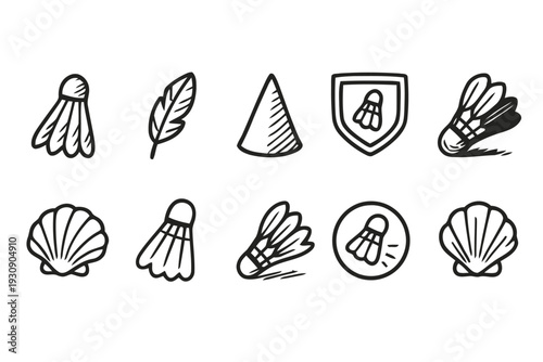 Badminton shuttlecock and feather icons hand drawn style
