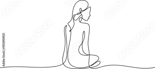 One single continuous drawing doodle art line hand drawn abstract portrait Woman girl sitting back. one line Icon drawing