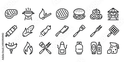 Barbecue and grilling equipment icons for outdoor cooking and summer parties