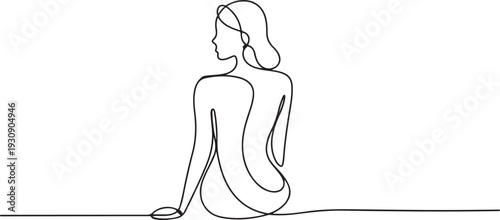 One single continuous drawing doodle art line hand drawn abstract portrait Woman girl sitting back. one line Icon drawing