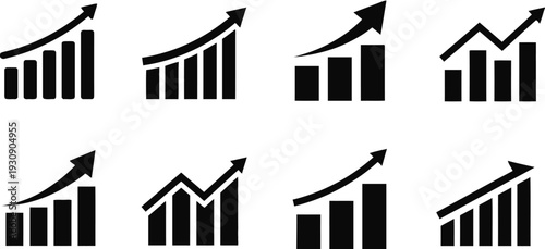 Bar graph icons showing upward trends and business growth charts for financial analysis