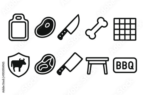 Barbecue and grilling accessories icons, meat cuts, knives, and cooking tools