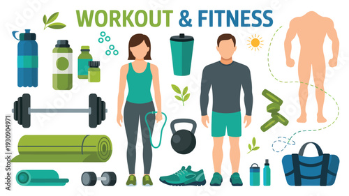 Flat design illustration set of workout and fitness essentials, including active individuals, sports equipment, and healthy lifestyle items
