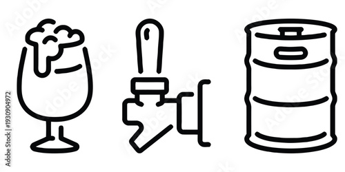Beer glass tap and keg icon set vector outline drawing