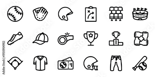 Baseball sports flat icons for game equipment and stadium