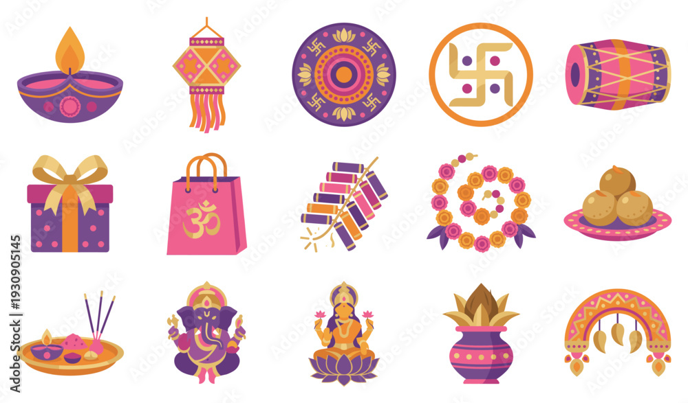 Fototapeta premium Diwali festival traditional religious celebration elements collection featuring lamps, sweets, deities, and decorative items in vibrant colors.