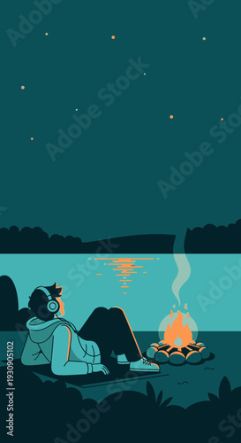 Serene Nighttime Contemplation By Lakeside Campfire Under Starry Sky