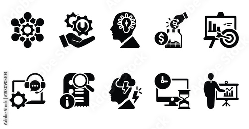 Business and strategy icons representing teamwork, innovation, and project success
