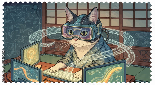 Cat wearing VR headset and typing on keyboard with multiple screens.