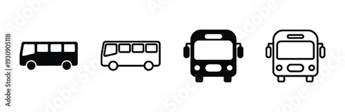 Bus icons set, transportation symbol, public transport vehicle, different styles, outline and filled, side view and front view