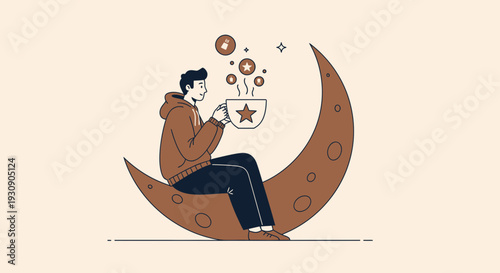 Serene Man Enjoys Steaming Coffee While Seated On Crescent Moon