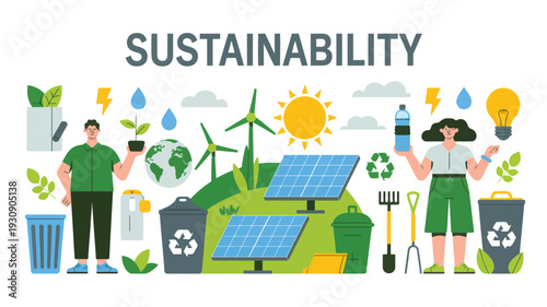 A Flat Design Illustration of Office and Green Energy Concepts Representing Sustainability with Renewable Resources and Eco-Friendly Practices promoting a healthy planet