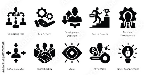 Business and career development icons illustrating professional growth and teamwork