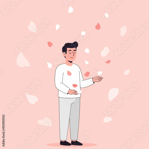 Serene Man Immersed In Falling Petals Gentle Breeze Whispering Calmness