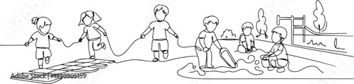 Continuous one single line drawn little children playing in the street in the children's games. Kids playing in the sandbox park. one line Icon drawing