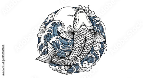 Koi fish swimming in a circular wave pattern with a full moon.